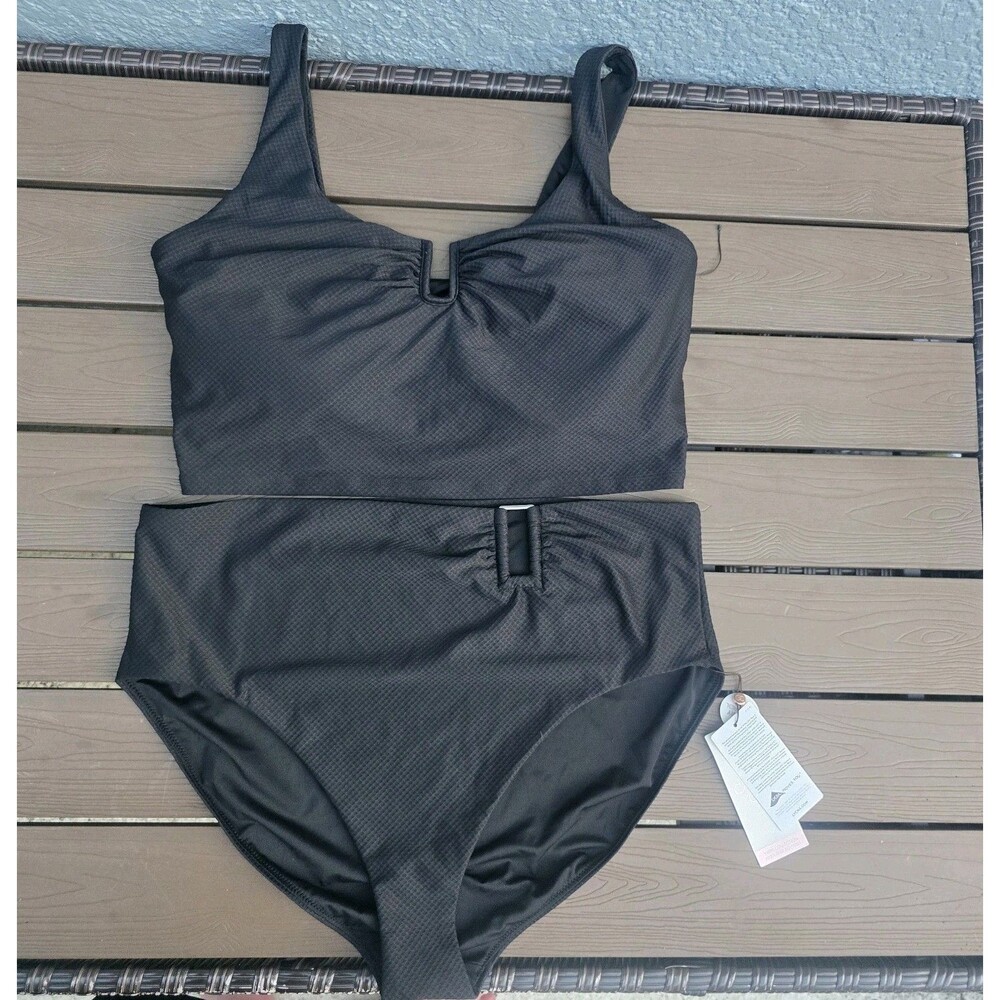 CALIA Womens Pure Black Textured U-bar Top & High Rise Bikini Sz XXL New No Tag